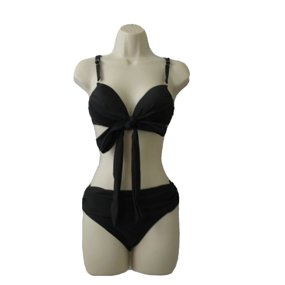 2-Piece Swimsuit Sz Medium Black Front Tie Padded Wire Bra Hipster Adj. Straps